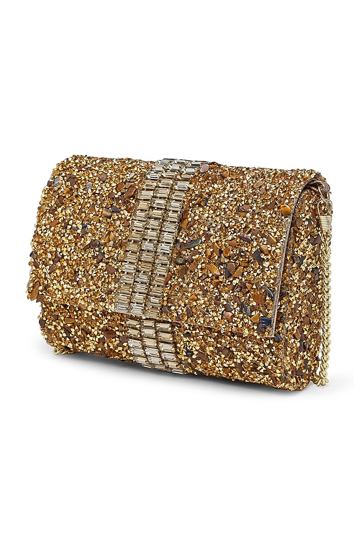 Gold Synthetic Crystal Embroidered Clutch by Bijoux By Priya Chandna at Pernia's Pop Up Shop