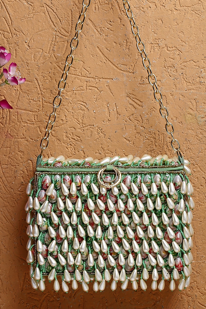 Green Fabric Pearl Embellished Box Bag by Bijoux By Priya Chandna at Pernia's Pop Up Shop