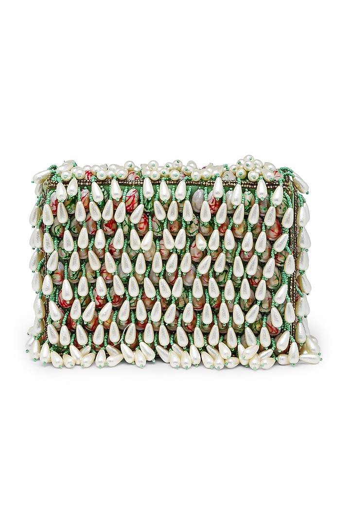 Green Fabric Pearl Embellished Box Bag by Bijoux By Priya Chandna at Pernia's Pop Up Shop