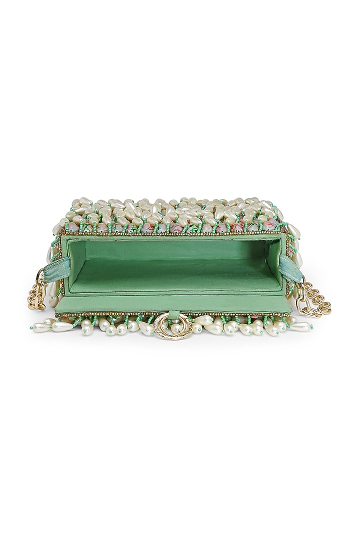 Green Fabric Pearl Embellished Box Bag by Bijoux By Priya Chandna at Pernia's Pop Up Shop