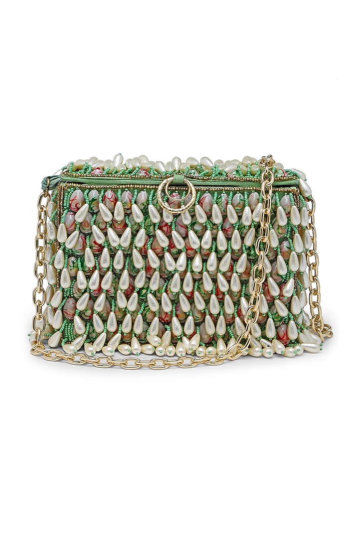 Green Fabric Pearl Embellished Box Bag by Bijoux By Priya Chandna at Pernia's Pop Up Shop