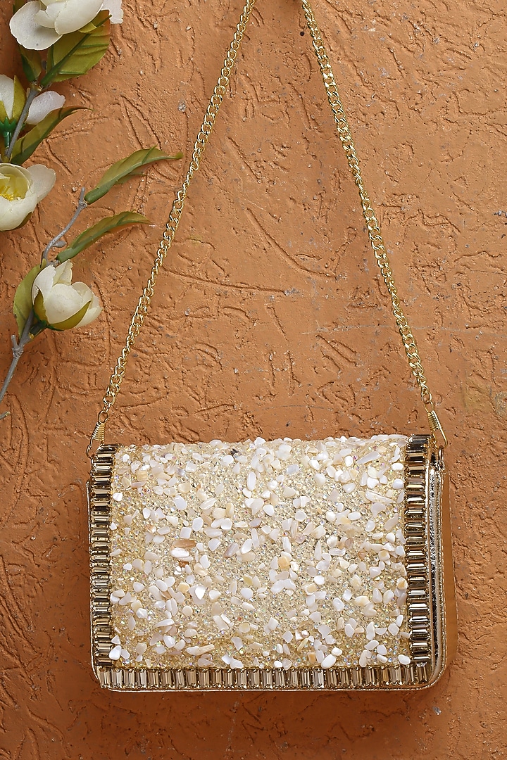 Gold Synthetic Bead Embellished Clutch by Bijoux By Priya Chandna at Pernia's Pop Up Shop