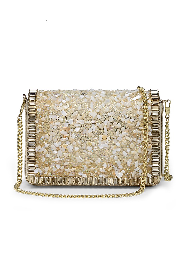 Gold Synthetic Bead Embellished Clutch by Bijoux By Priya Chandna at Pernia's Pop Up Shop