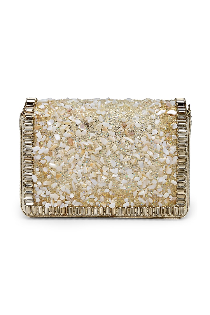 Gold Synthetic Bead Embellished Clutch by Bijoux By Priya Chandna at Pernia's Pop Up Shop