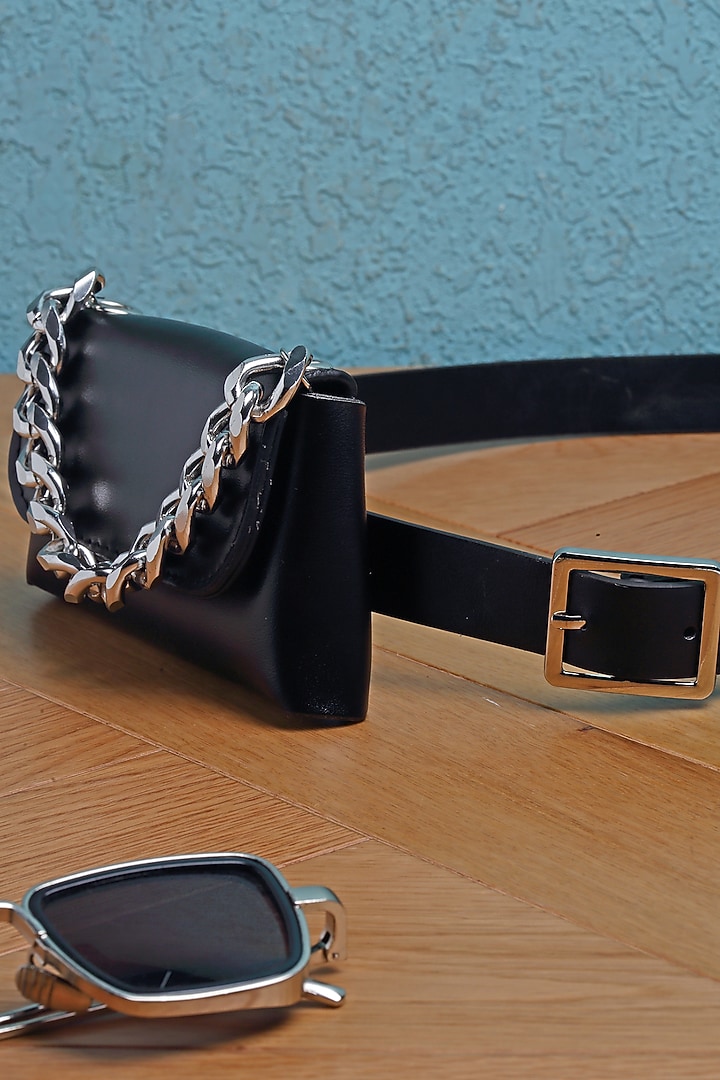 Black Synthetic Leather Belt Bag by Bijoux By Priya Chandna at Pernia's Pop Up Shop