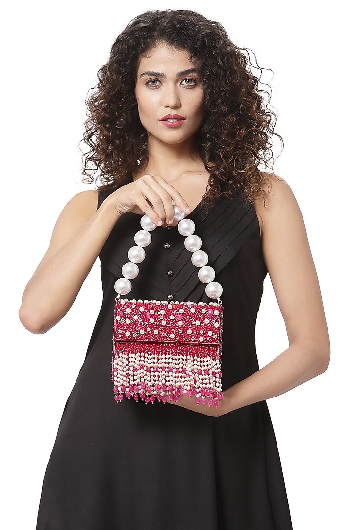 Fuchsia Fabric Glass Stone Embroidered Box Bag by Bijoux By Priya Chandna at Pernia's Pop Up Shop