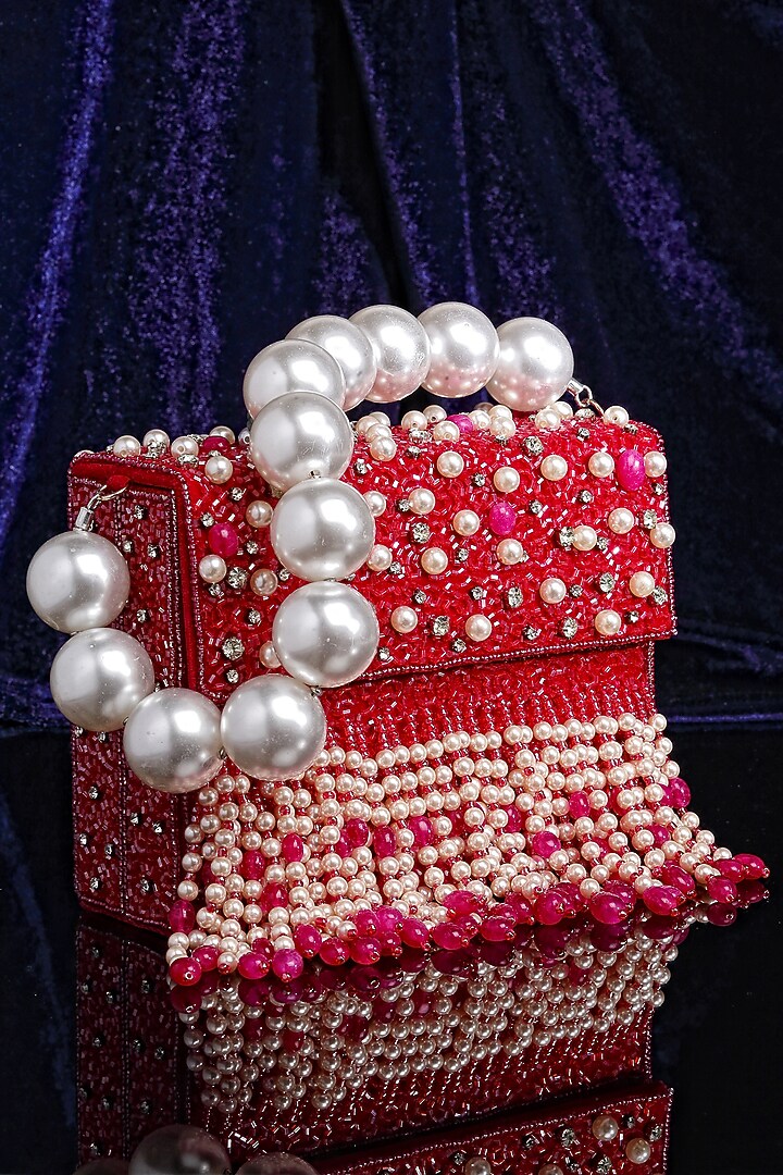 Fuchsia Fabric Glass Stone Embroidered Box Bag by Bijoux By Priya Chandna at Pernia's Pop Up Shop