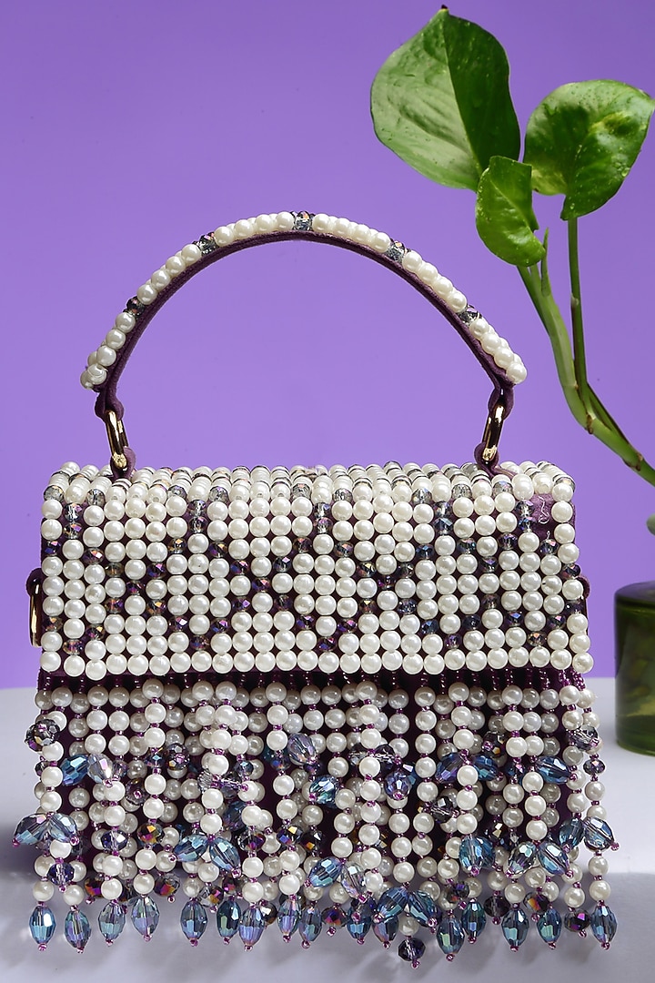 Purple Fabric Crystal Embroidered Box Bag by Bijoux By Priya Chandna at Pernia's Pop Up Shop
