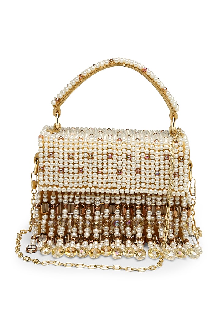 Yellow & White Suede Pearl Embroidered Box Clutch by Bijoux By Priya Chandna at Pernia's Pop Up Shop