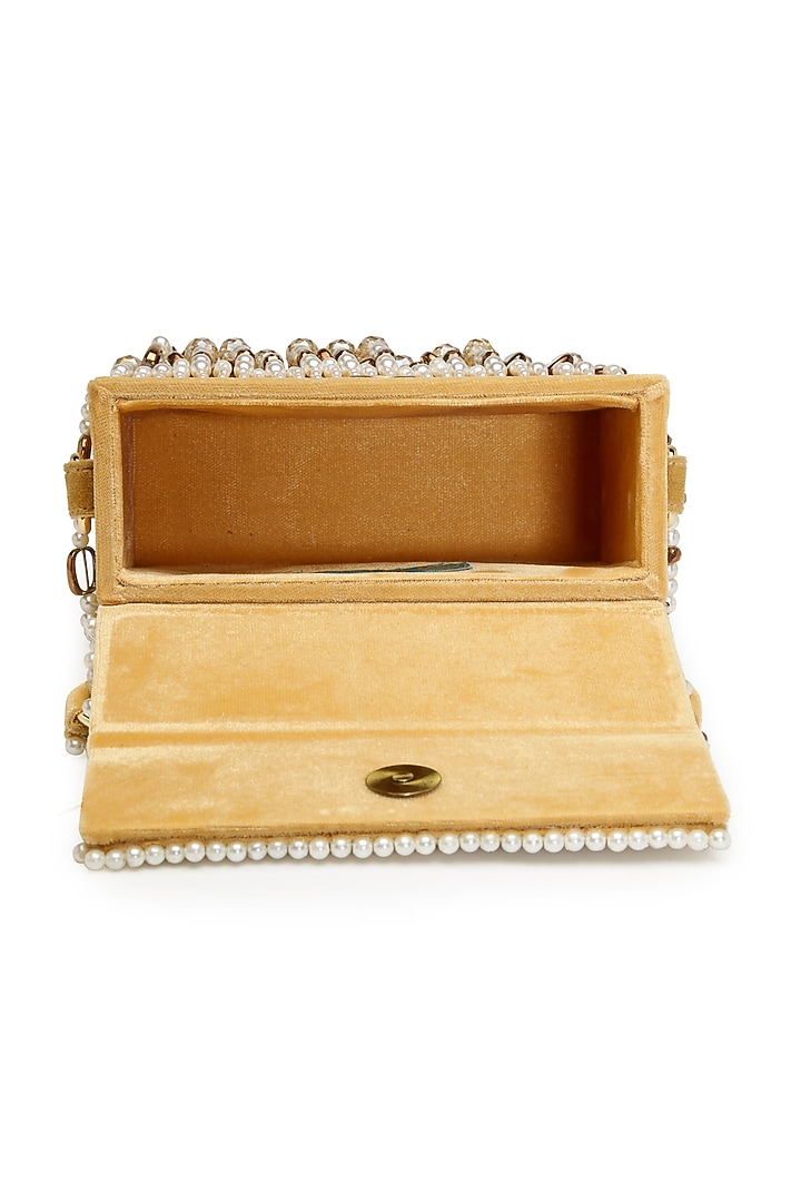 Yellow & White Suede Pearl Embroidered Box Clutch by Bijoux By Priya Chandna at Pernia's Pop Up Shop