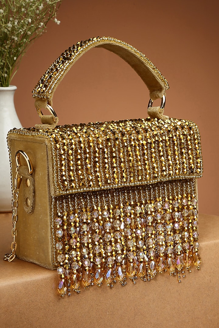 Gold Suede Pearl Embroidered Box Clutch by Bijoux By Priya Chandna at Pernia's Pop Up Shop