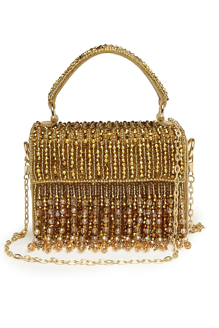 Gold Suede Pearl Embroidered Box Clutch by Bijoux By Priya Chandna at Pernia's Pop Up Shop