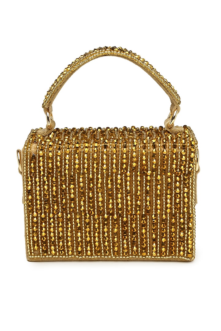Gold Suede Pearl Embroidered Box Clutch by Bijoux By Priya Chandna at Pernia's Pop Up Shop