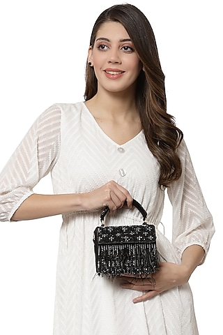Black Suede Crystal Bead Embroidered Box Clutch by Bijoux By Priya Chandna