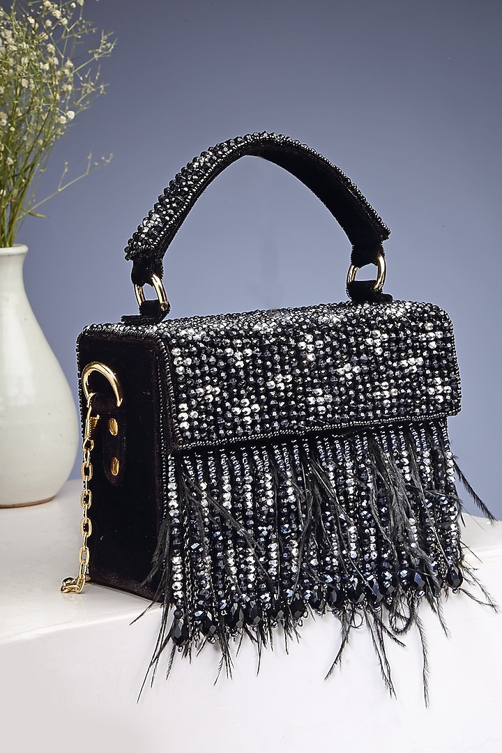 Black Suede Crystal Bead Embroidered Box Clutch by Bijoux By Priya Chandna at Pernia's Pop Up Shop