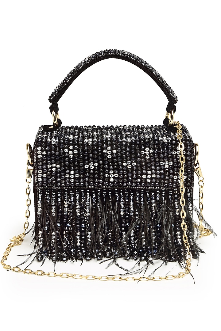 Black Suede Crystal Bead Embroidered Box Clutch by Bijoux By Priya Chandna at Pernia's Pop Up Shop