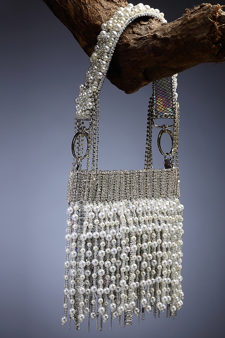 Silver Velvet Pearl Embellished Bag by Bijoux By Priya Chandna at Pernia's Pop Up Shop