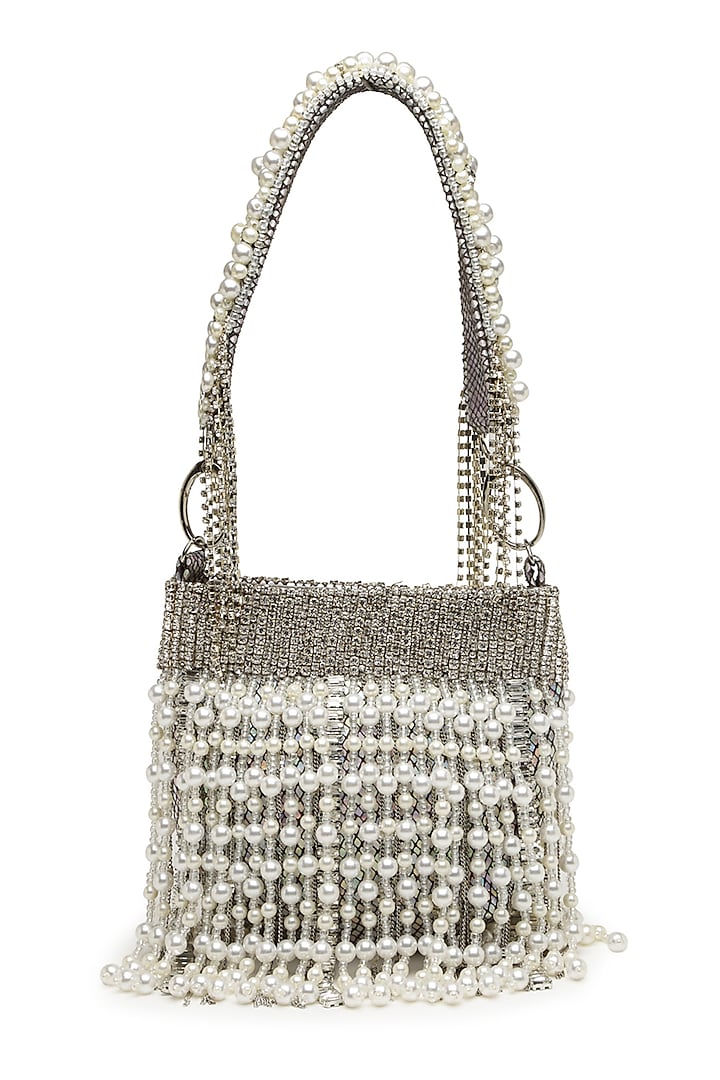 Silver Velvet Pearl Embellished Bag by Bijoux By Priya Chandna at Pernia's Pop Up Shop