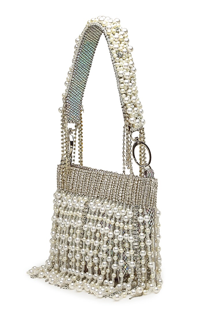 Silver Velvet Pearl Embellished Bag by Bijoux By Priya Chandna at Pernia's Pop Up Shop