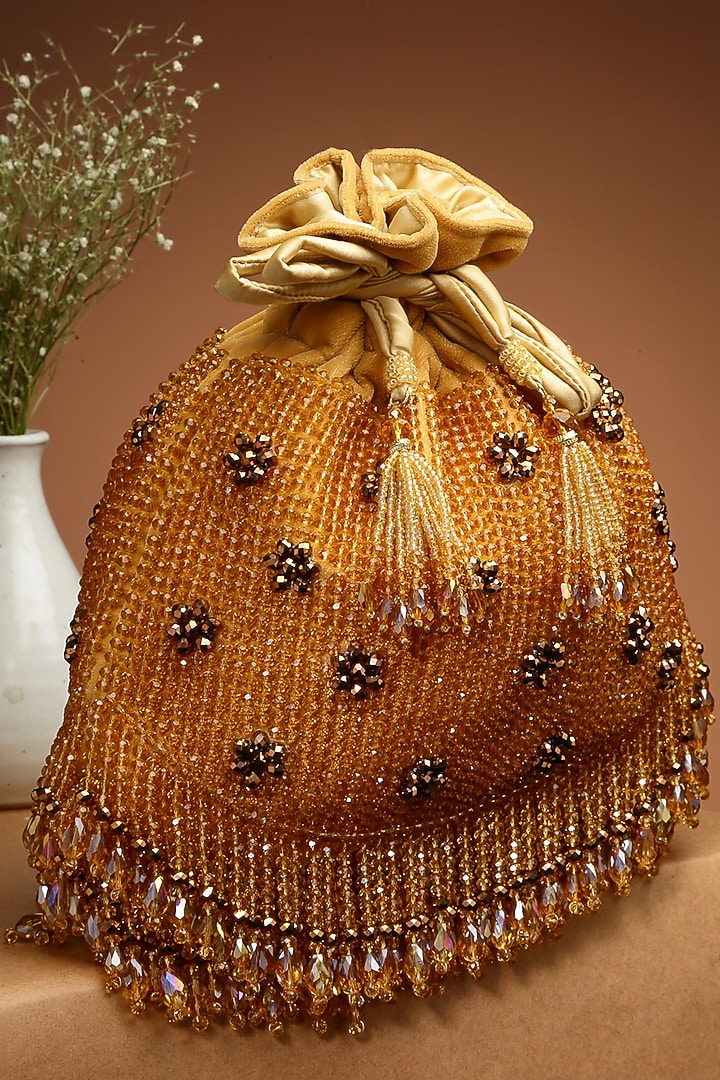 Gold Velvet Hand Embroidered Potli by Bijoux By Priya Chandna at Pernia's Pop Up Shop