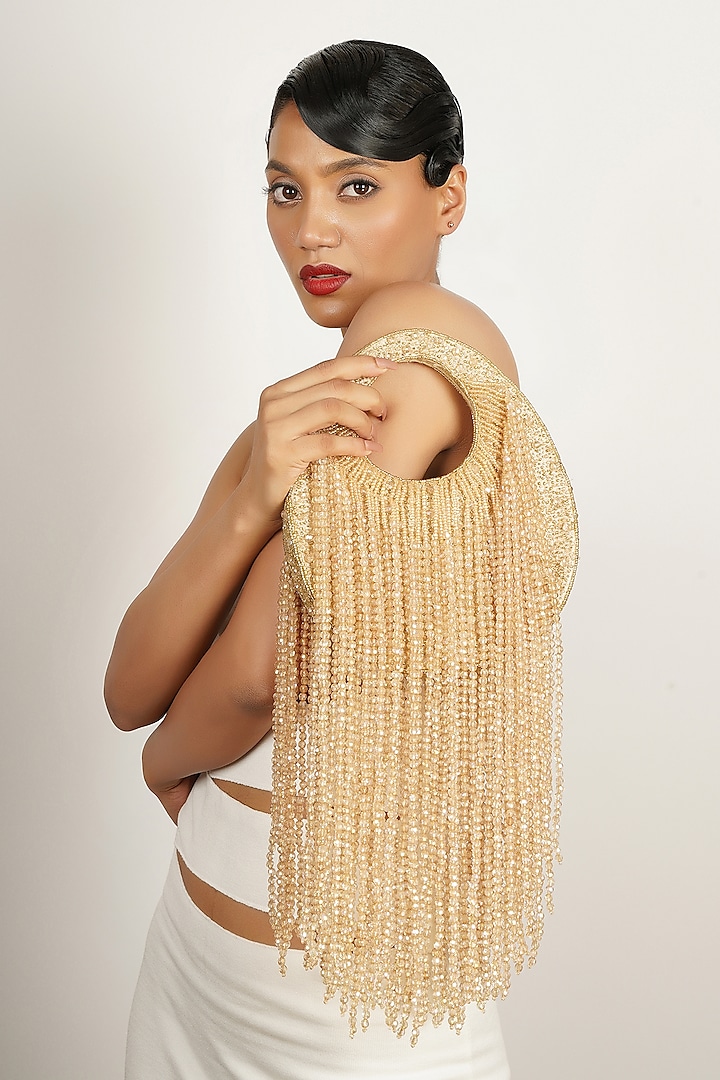 Gold Synthetic Glass Bead Embellished Handbag by Bijoux By Priya Chandna at Pernia's Pop Up Shop