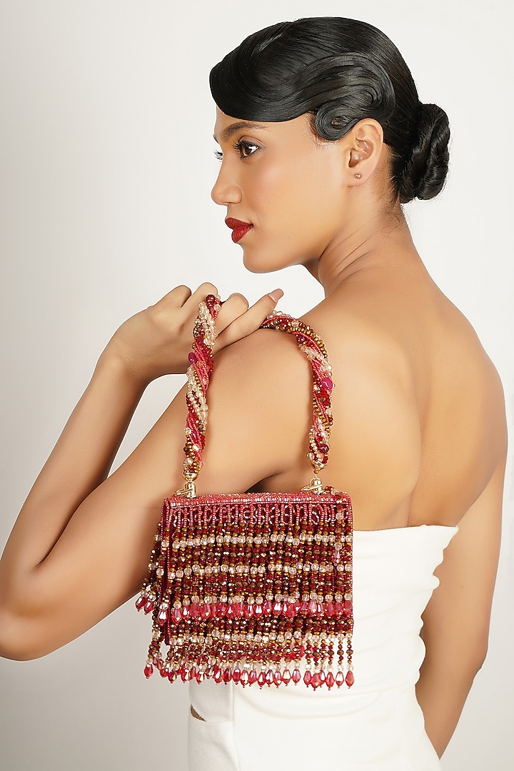 Red Synthetic Crystal Embellished Handbag by Bijoux By Priya Chandna