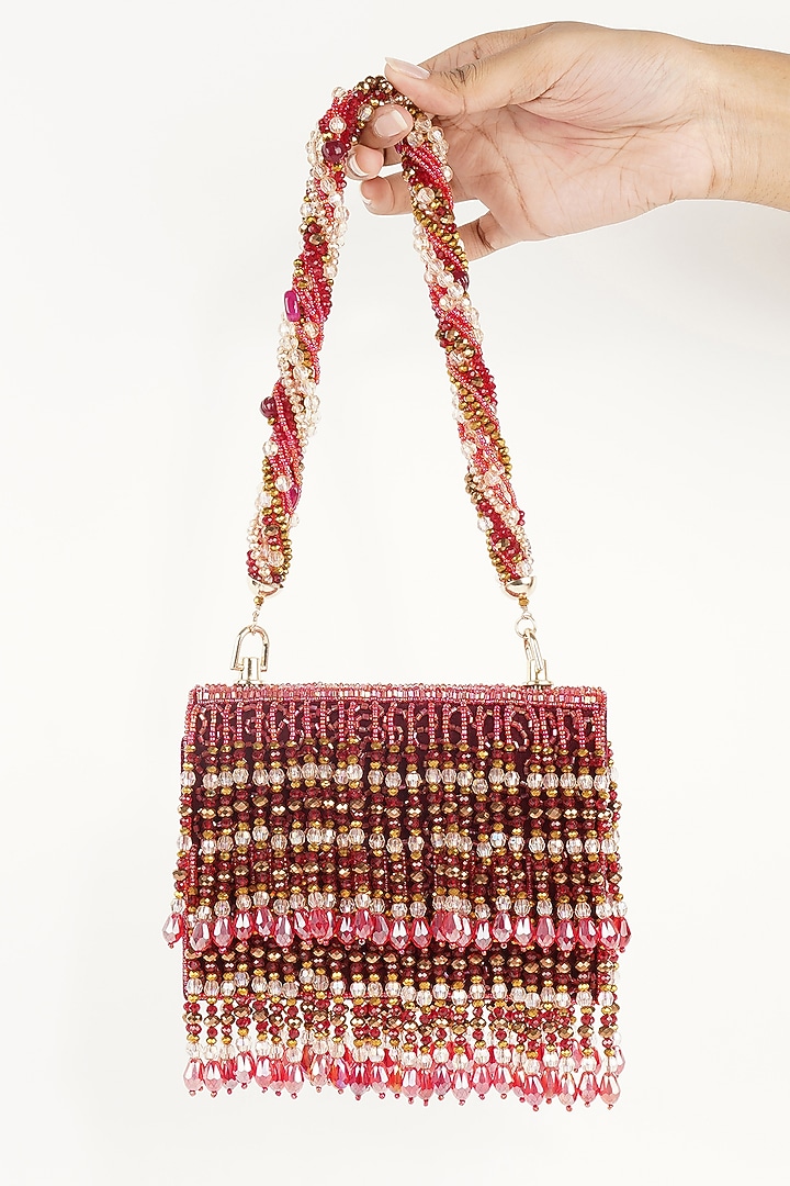 Red Synthetic Crystal Embellished Handbag by Bijoux By Priya Chandna at Pernia's Pop Up Shop