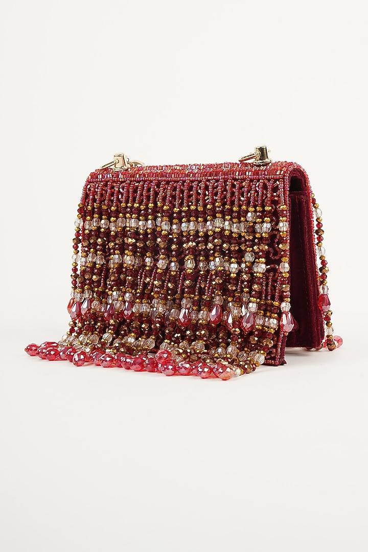 Red Synthetic Crystal Embellished Handbag by Bijoux By Priya Chandna at Pernia's Pop Up Shop