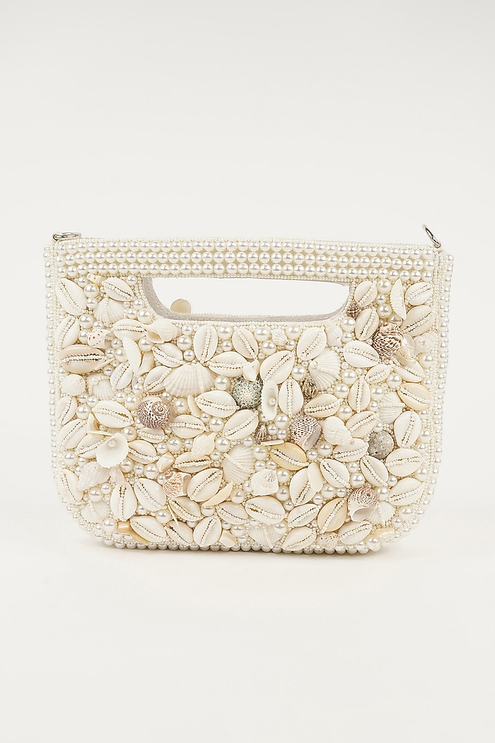 White Fabric Shell Embellished Handbag by Bijoux By Priya Chandna at Pernia's Pop Up Shop