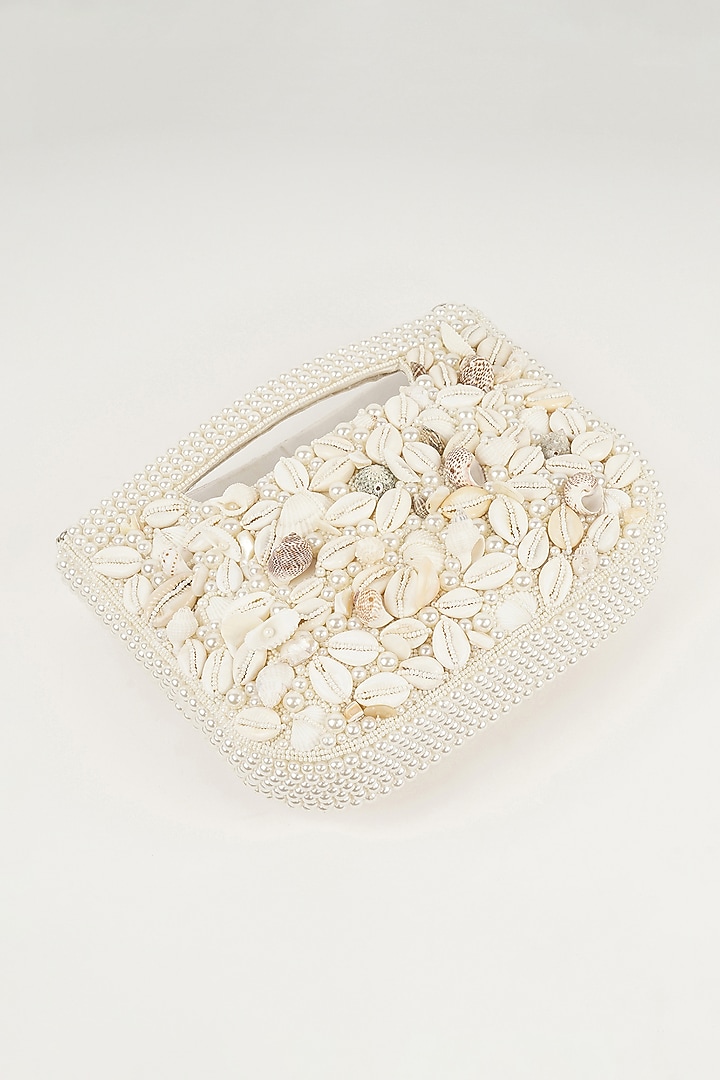White Fabric Shell Embellished Handbag by Bijoux By Priya Chandna at Pernia's Pop Up Shop