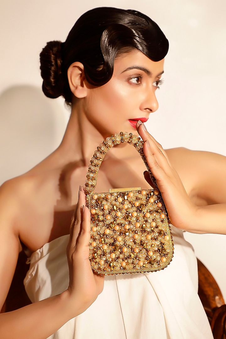 Gold Faceted Beaded & Pearl Embellished Mini Bag by Bijoux By Priya Chandna at Pernia's Pop Up Shop