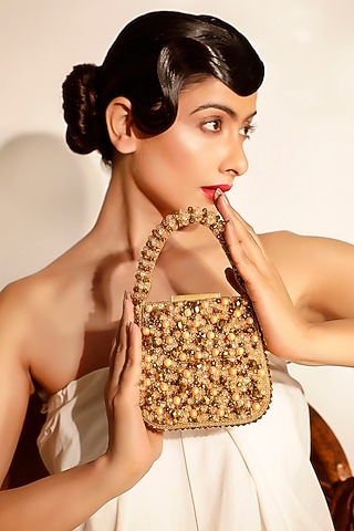 Gold Faceted Beaded & Pearl Embellished Mini Bag by Bijoux By Priya Chandna