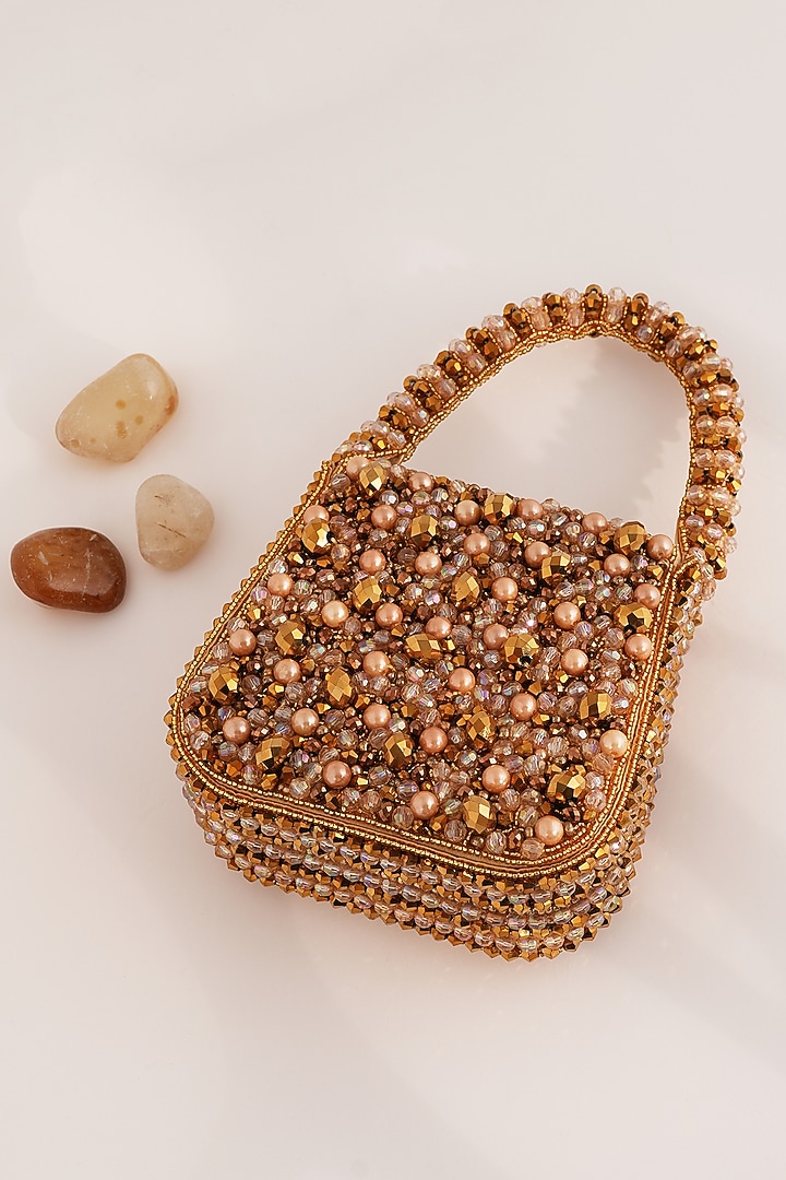 Gold Faceted Beaded & Pearl Embellished Mini Bag by Bijoux By Priya Chandna at Pernia's Pop Up Shop