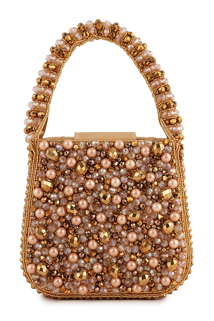 Gold Faceted Beaded & Pearl Embellished Mini Bag by Bijoux By Priya Chandna at Pernia's Pop Up Shop
