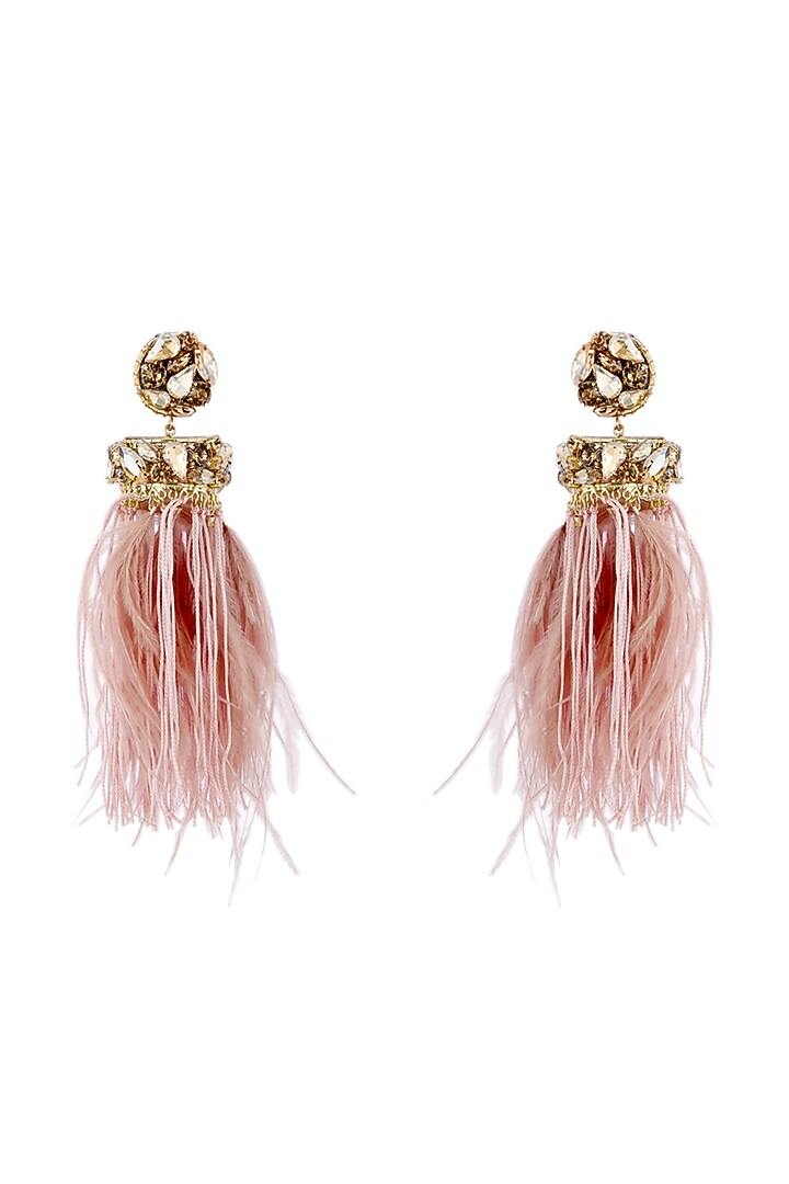 Gold Finish Thread & Feather Earrings by Bijoux By Priya Chandna at Pernia's Pop Up Shop
