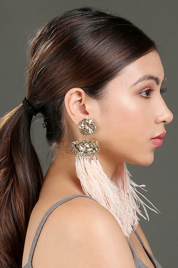 Gold Finish Thread & Feather Earrings by Bijoux By Priya Chandna at Pernia's Pop Up Shop