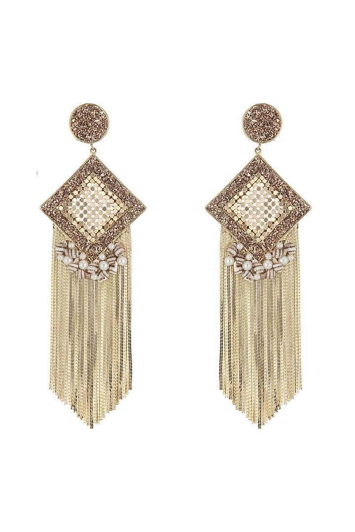 Gold Finish Tasseled Drop Earrings With Zircons by Bijoux By Priya Chandna at Pernia's Pop Up Shop