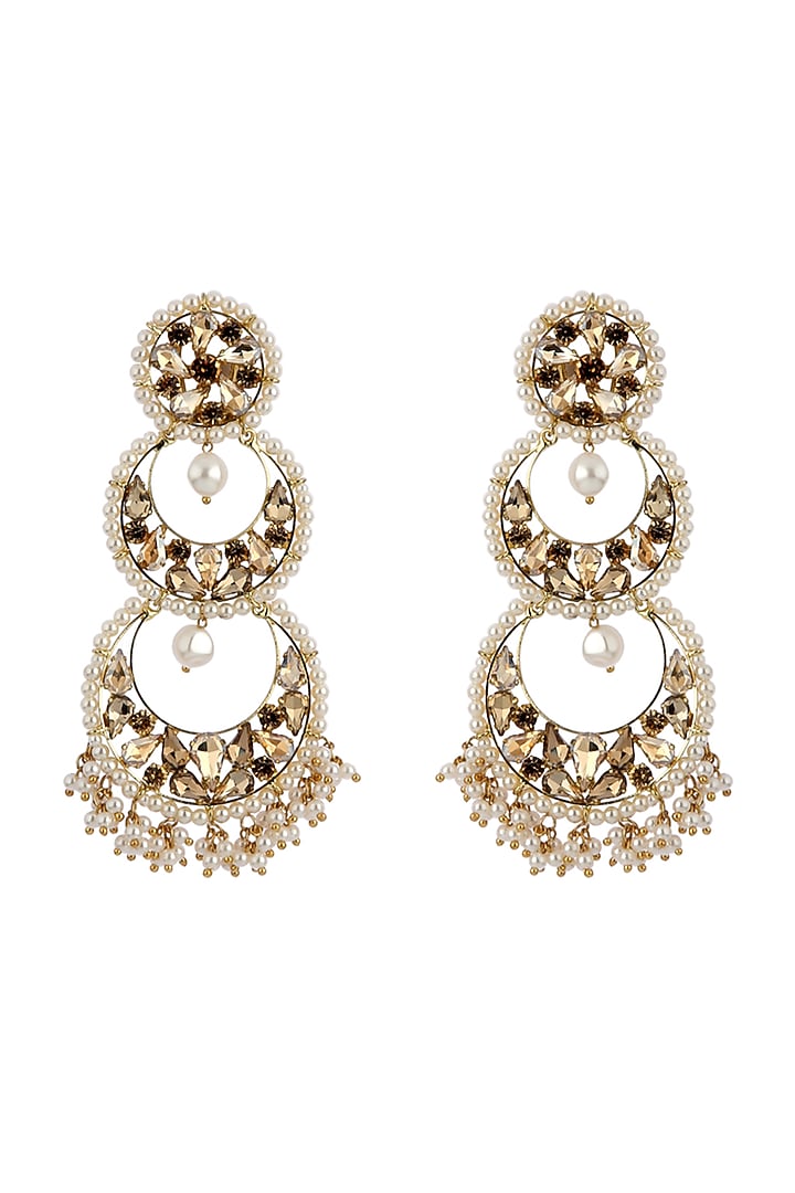 Gold Finish Zircons & Pearls Chandbali Earrings by Bijoux By Priya Chandna at Pernia's Pop Up Shop