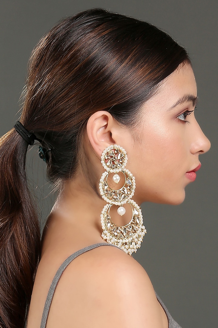 Gold Finish Zircons & Pearls Chandbali Earrings by Bijoux By Priya Chandna at Pernia's Pop Up Shop