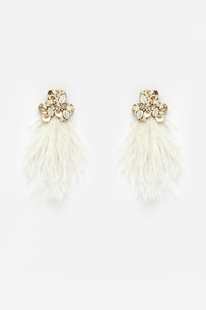 Gold Finish Beaded Feather Drop Earrings by Bijoux By Priya Chandna at Pernia's Pop Up Shop