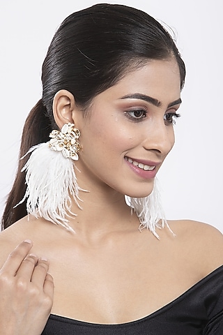 Gold Finish Beaded Feather Drop Earrings by Bijoux By Priya Chandna