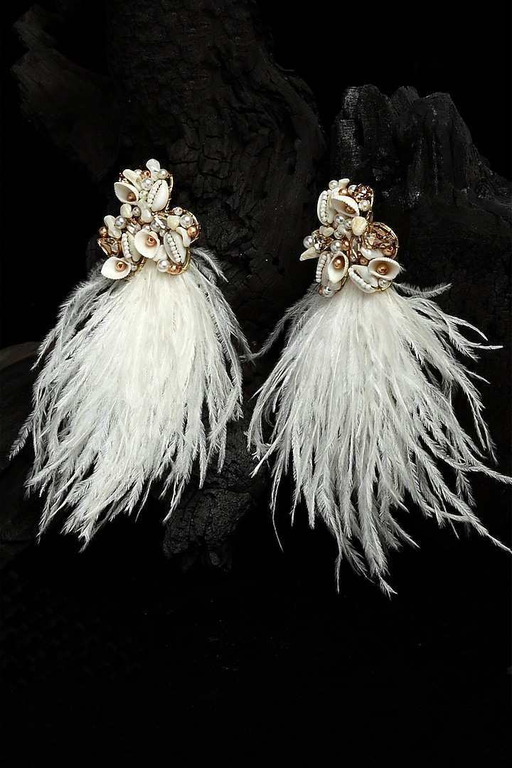 Gold Finish Beaded Feather Drop Earrings by Bijoux By Priya Chandna at Pernia's Pop Up Shop
