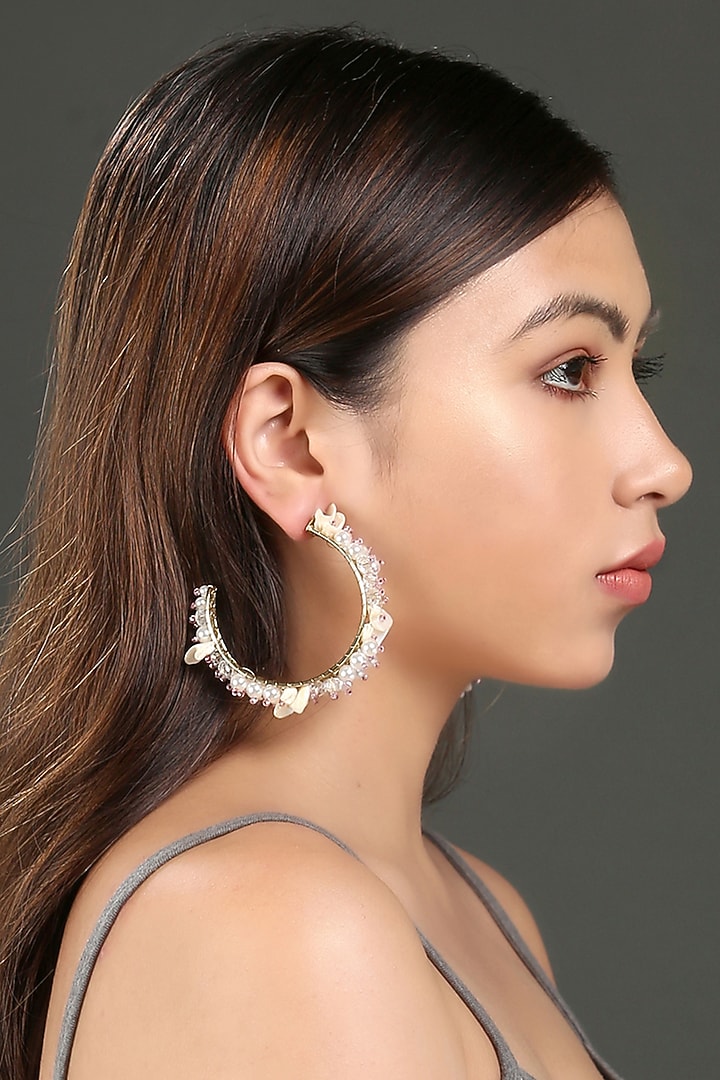 Gold Finish Beaded Hoop Earrings by Bijoux By Priya Chandna at Pernia's Pop Up Shop