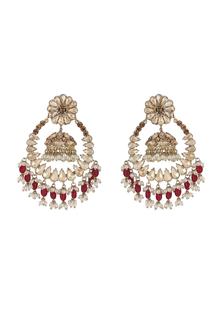 Gold Finish Red Beaded Jhumka Earrings by Bijoux By Priya Chandna at Pernia's Pop Up Shop