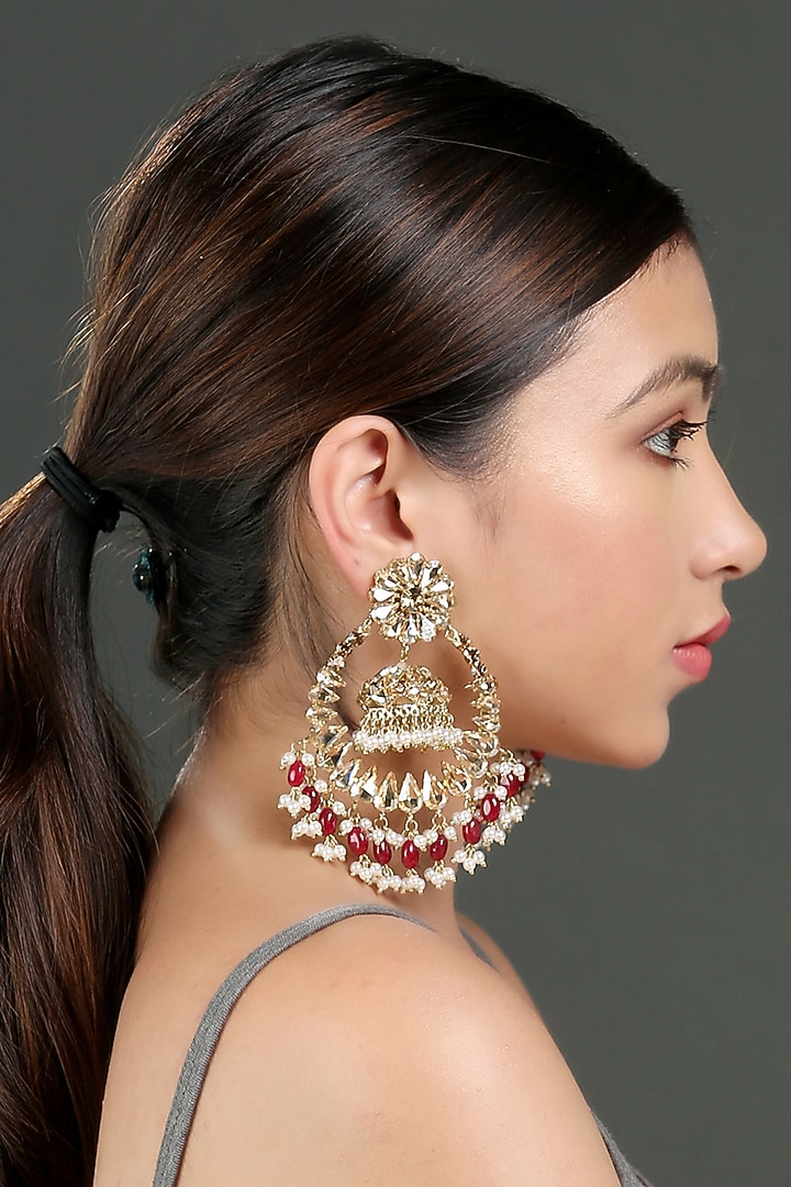 Gold Finish Red Beaded Jhumka Earrings by Bijoux By Priya Chandna at Pernia's Pop Up Shop