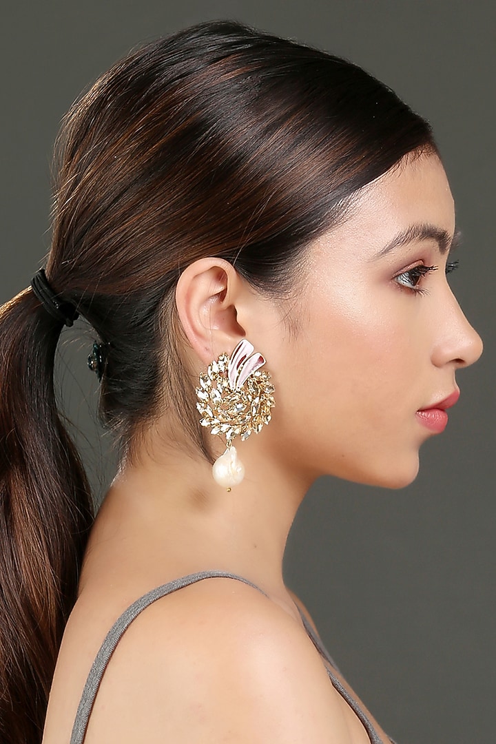 Gold Finish Pearl Earrings by Bijoux By Priya Chandna at Pernia's Pop Up Shop