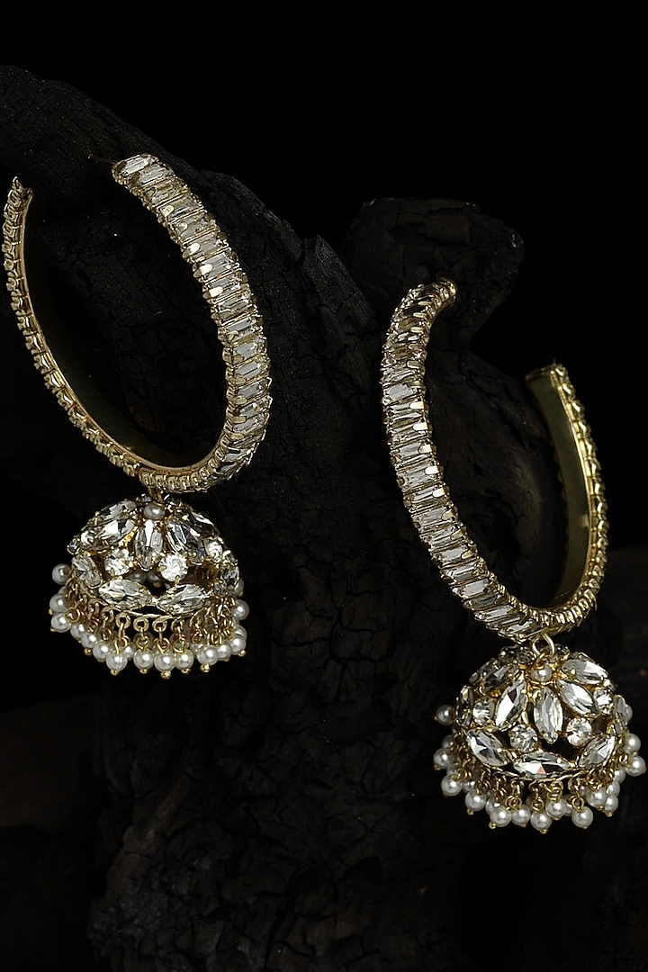 Gold Finish Jhumka Hoop Earrings by Bijoux By Priya Chandna at Pernia's Pop Up Shop