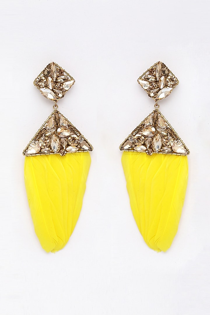 Gold Finish Feather Earrings With Yellow Zircons by Bijoux By Priya Chandna at Pernia's Pop Up Shop
