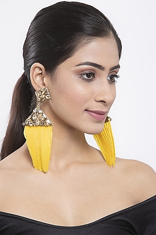 Gold Finish Feather Earrings With Yellow Zircons by Bijoux By Priya Chandna