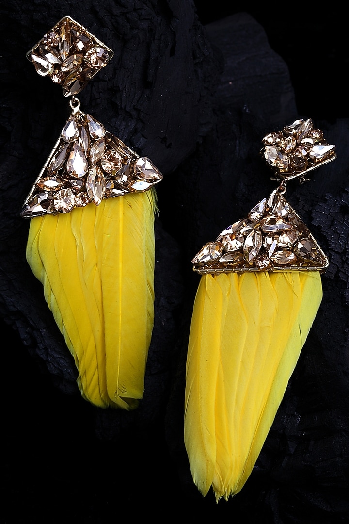 Gold Finish Feather Earrings With Yellow Zircons by Bijoux By Priya Chandna at Pernia's Pop Up Shop